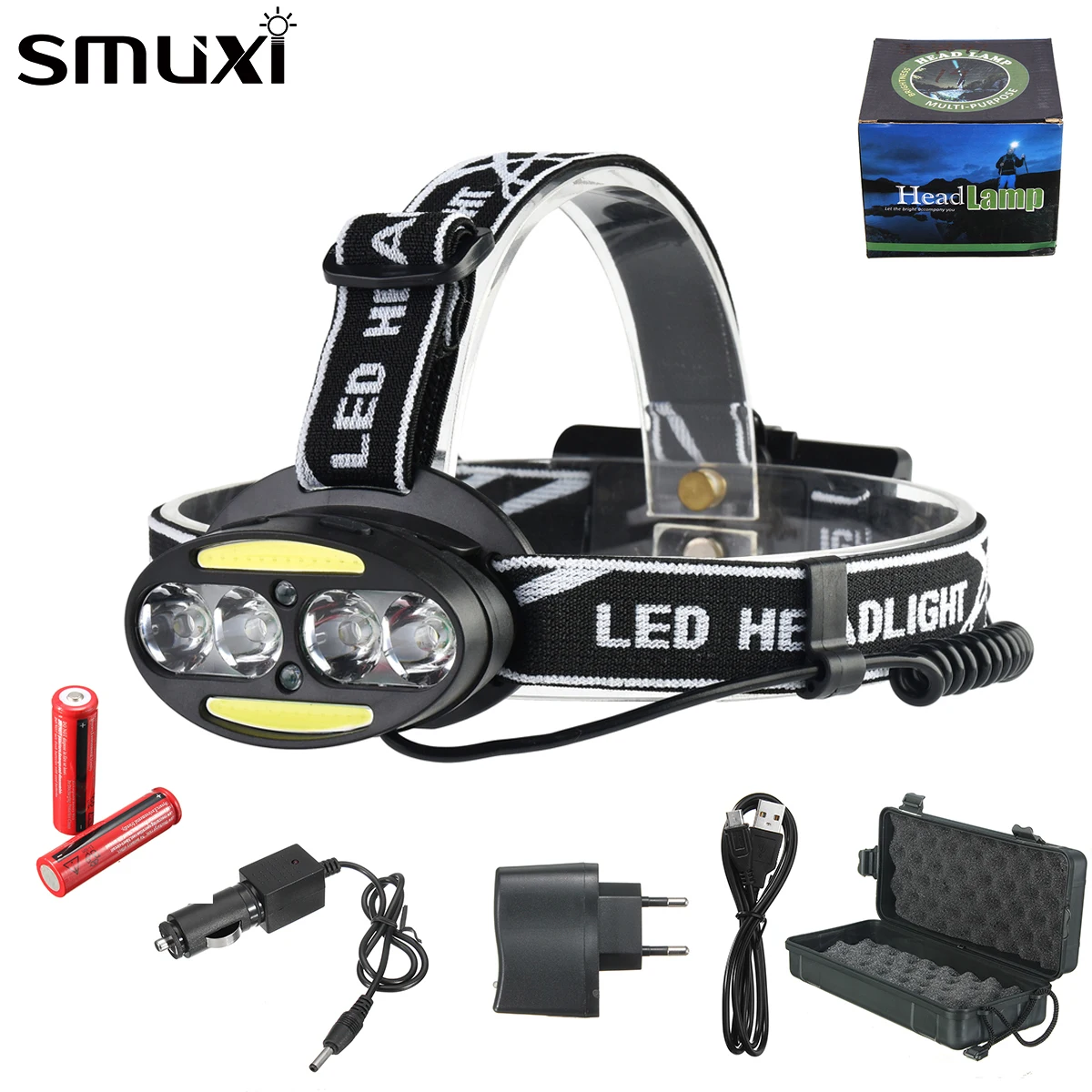 Beste LED Koplamp 30000LM 4 * T6 + 2 * COB Koplamp Hoofd Zaklamp Zaklamp Voorhoofd Oplaadbare 18650 Hoofd Lamp Sensor vissen Koplamp