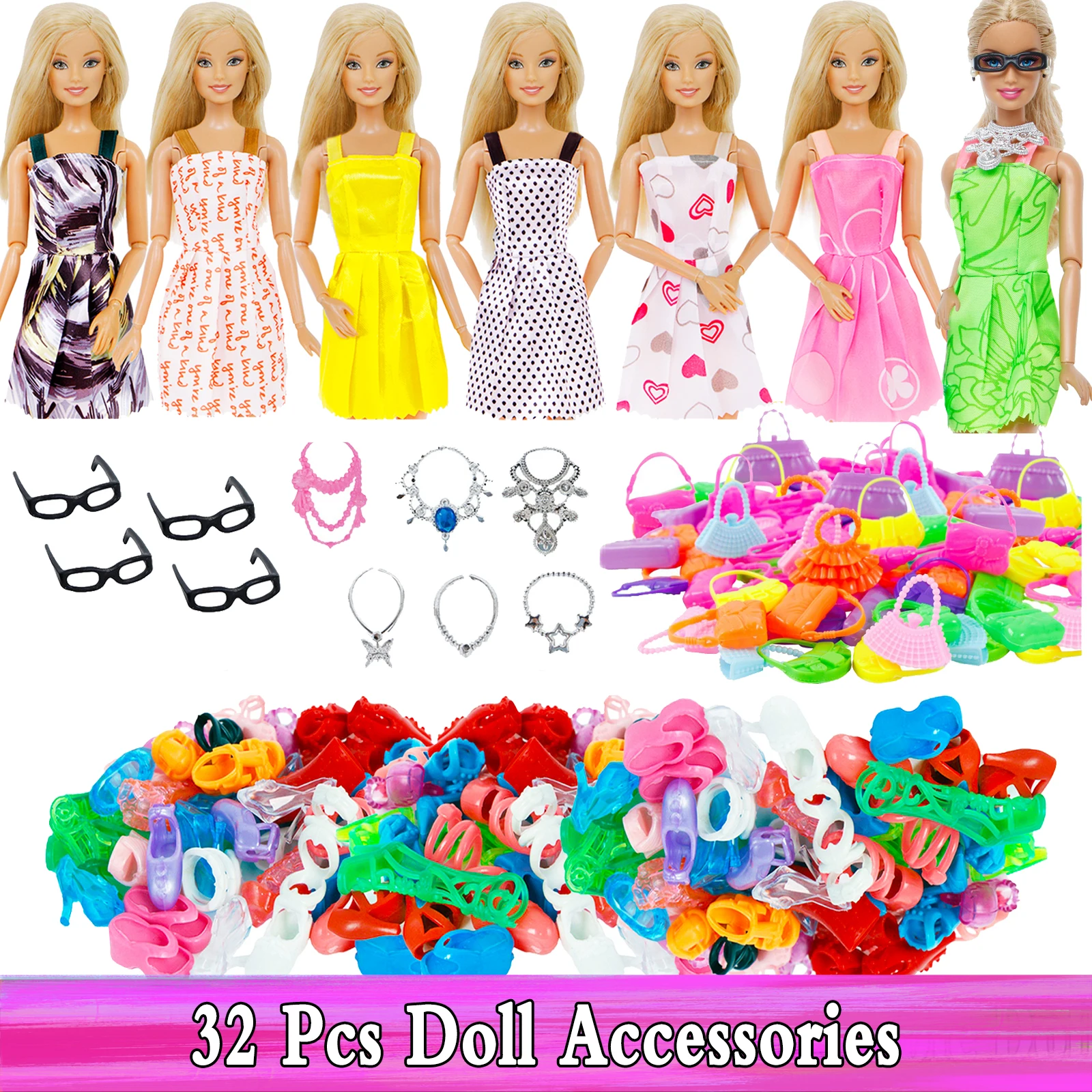 10x Mix Cute Dresses AMETUS 32 PCS Doll Accessories 4X Glasses 10x Shoes 6X