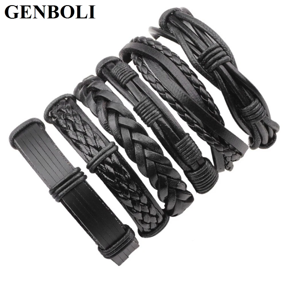 5PC/SET Men Jewelry Adjustable Black Coffee Pu Leather Beads Wrap Viking Bracelet Multilayer Chain Bracelet DIY Jewelry A30