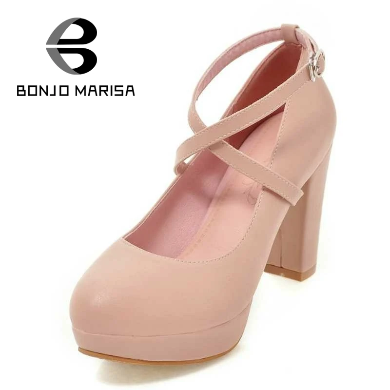 

BONJOMARISA Ankle Strap Women Pumps Sexy Square High Heel Round Toe Platform Shoes For Woman Party Wedding Office Big Size 32-43