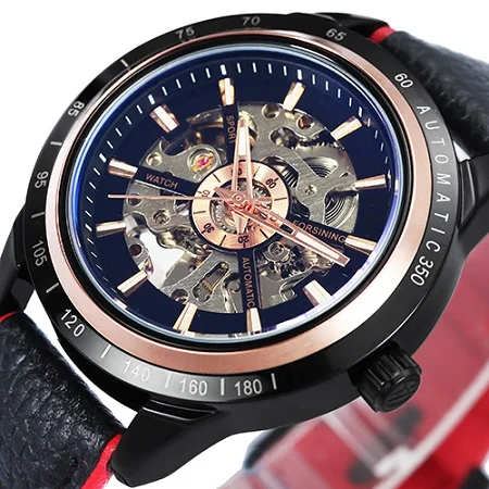NEW LEATHER BLK RED Winner часы для мужчин Скелет автоматические механические золотистые часы-скелетоны винтажные мужские часы s часы Forsining лучший бренд класса люкс - Цвет: NEW LEATHER BLK RED