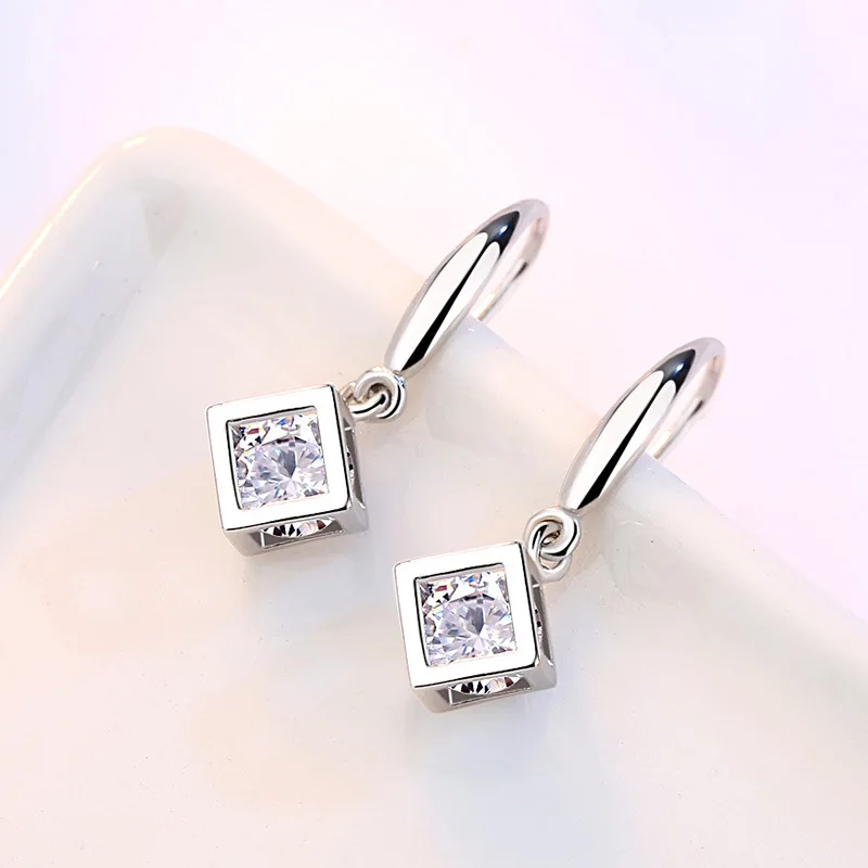 ANENJERY Love Window Zircon Squre Cube Earrings For Women 925 Sterling Silver Ear Jewelry Gift S-E904