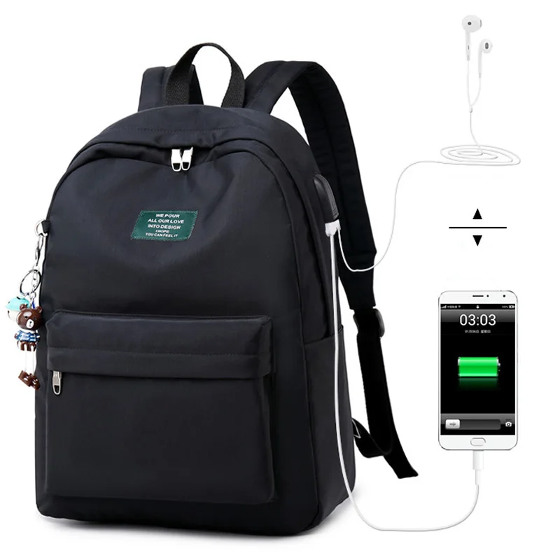 Модный рюкзак высокого качества для женщин и подростков, школьная сумка, водонепроницаемая ткань, для ноутбука, для девочек, большая емкость, USB, Bkpack, дорожная сумка - Цвет: Black