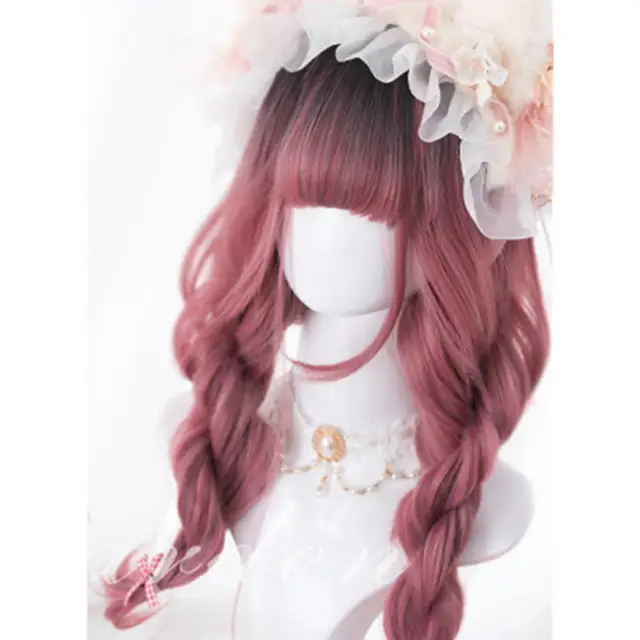 Lolita 50CM Long Black Mixed Pink Ombre Lady Natural Wavy Party Cosplay Synthetic Full Wig Cap Heat Resistant H762337