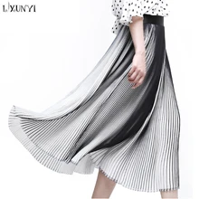 LXUNYI длинная юбка с эластичной резинкой на талии, плиссированные юбки, шифоновая летняя юбка длиной до середины икры в черно-белую полоску, женская повседневная юбка с кисточками, 2XL