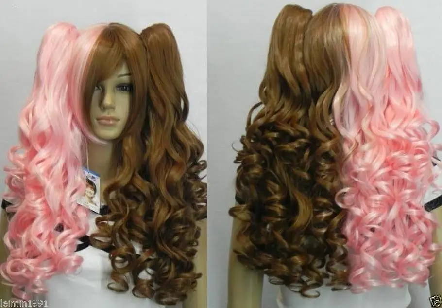 

FREE SHIPPING>****^^ new woman multi color long curly cosplay full wig + wig pigtail