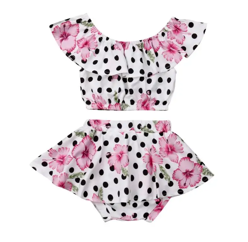 

2019 Summer Newborn Toddler Baby Girl Clothes Flower Dot Tops Crop +Tutu Shorts Skirts 2pcs Outfits