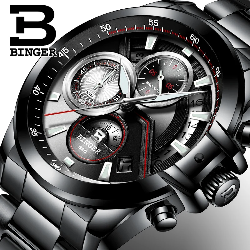 2017 Men s watches Luxury Top Brand BINGER Big Dial Designer Chronograph Water Resistant stainless quartz