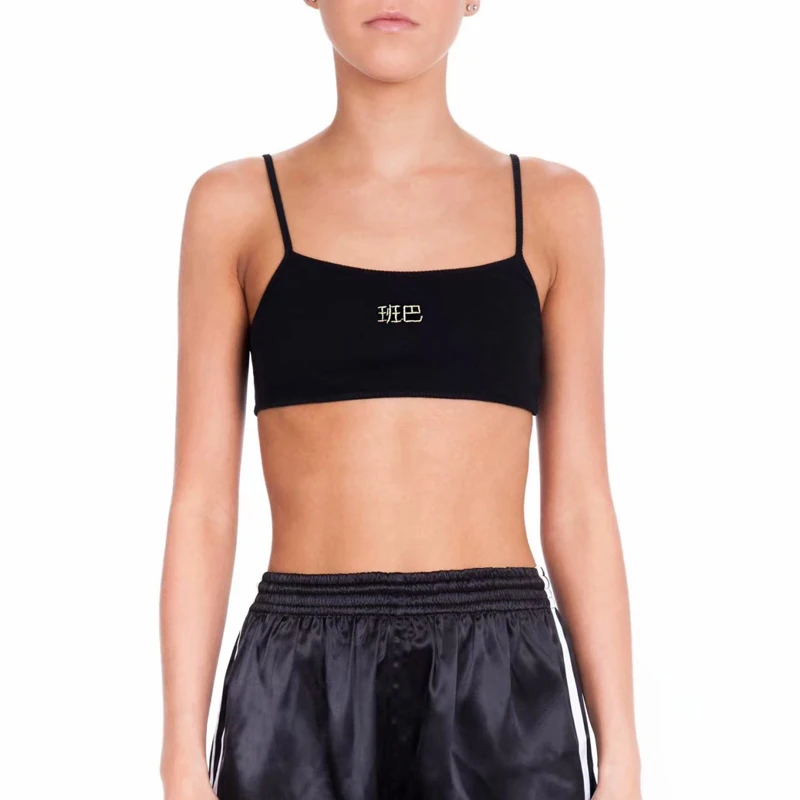 

Summer Women Short Length Cami Top Black Street Style Front Chinese Letter and Back Tiger Head Embroidery Design Sexy Cami Top