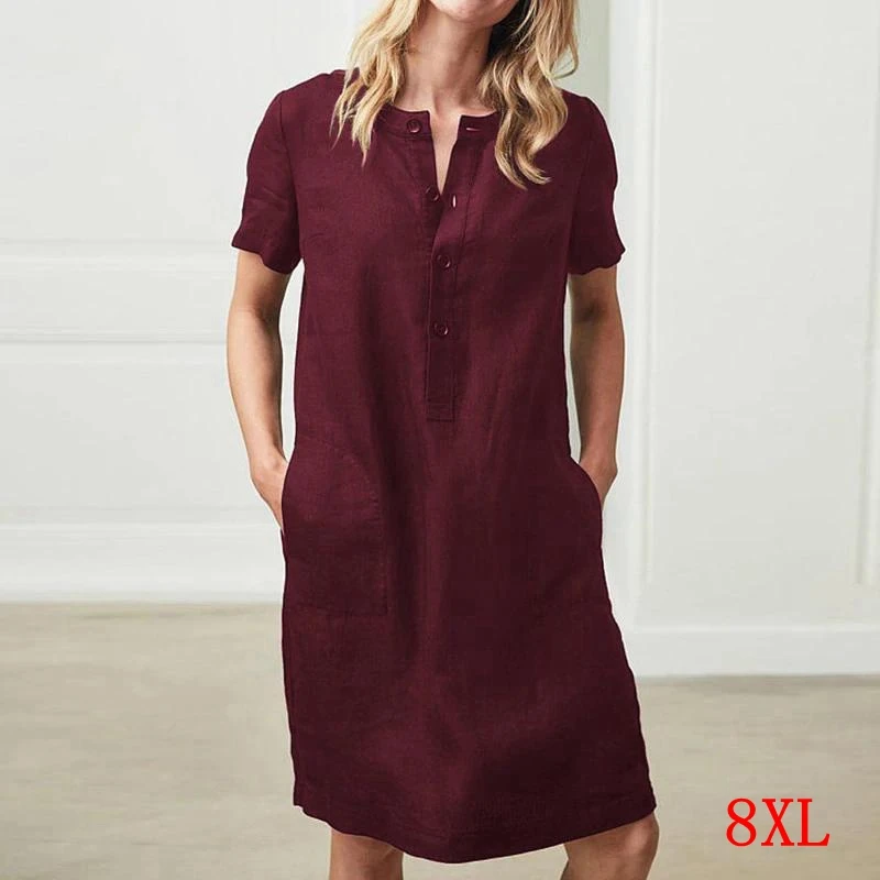 

Large size women's dress cotton and linen plus size 5XL 6XL 7XL 8XL summer round neck short sleeve loose pocket wine red dress