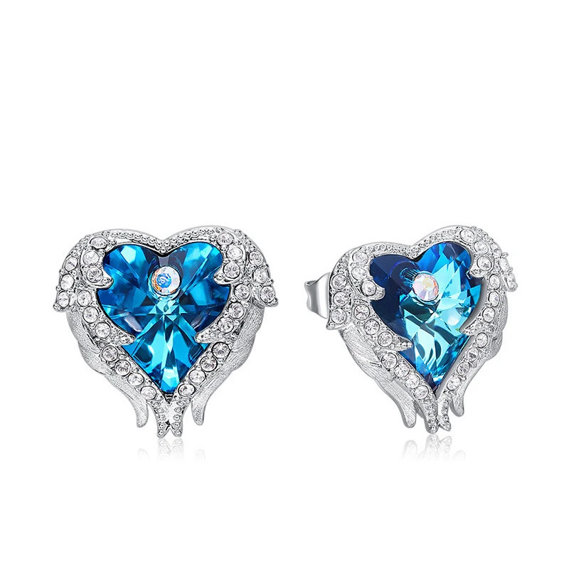 

Luxury Women's Earrings With Stones Heart Stud Earrings Angel Wings Blue Earing Studs Fashion Jewelry oorbellen pendientes mujer