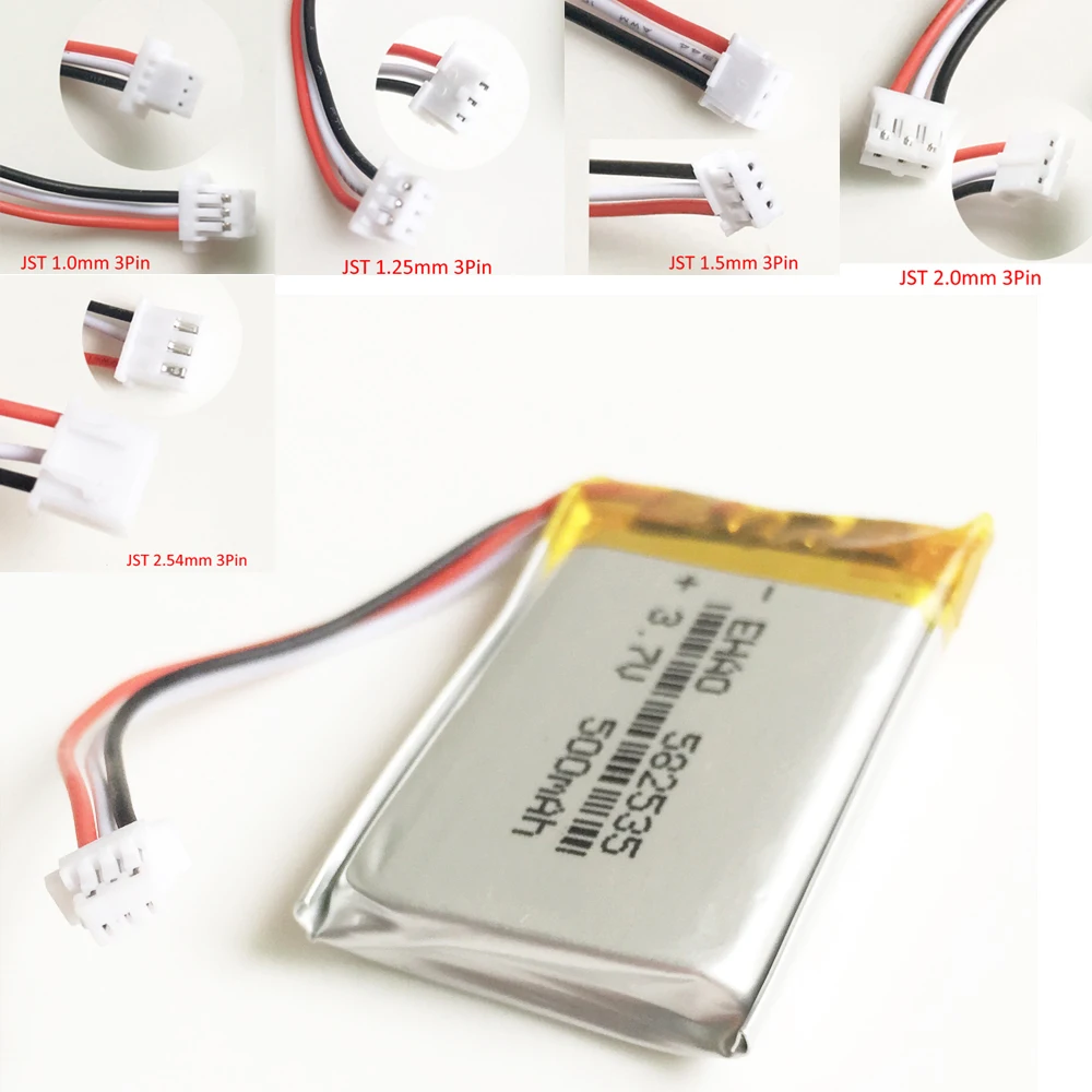 3.7V 500mAh Lipo Polymer Lithium Rechargeable Battery JST 3pin plug 1.0/1.25/1.5/2.0/2.5mm for MP3 GPS Bluetooth Headset 582535 |