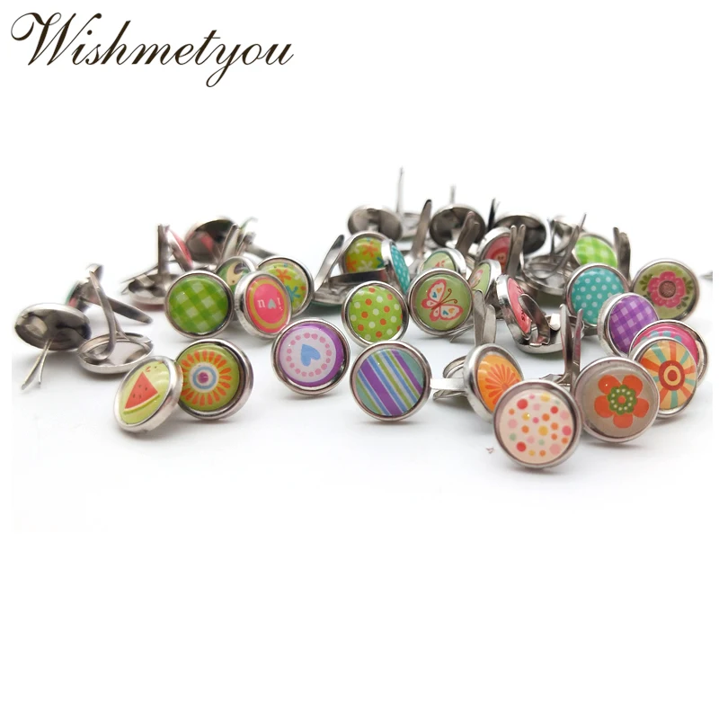 

WISHMETYOU 50pcs Mixed Pattern Epoxy Brads For Handcrafts Scrapbooking Embellishment Paper Fastener Metal Supplies Flower Brads