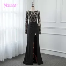 YQLNNE черная Русалка Выпускные платья длинный рукав вязание Сплит вечернее платье с блестками