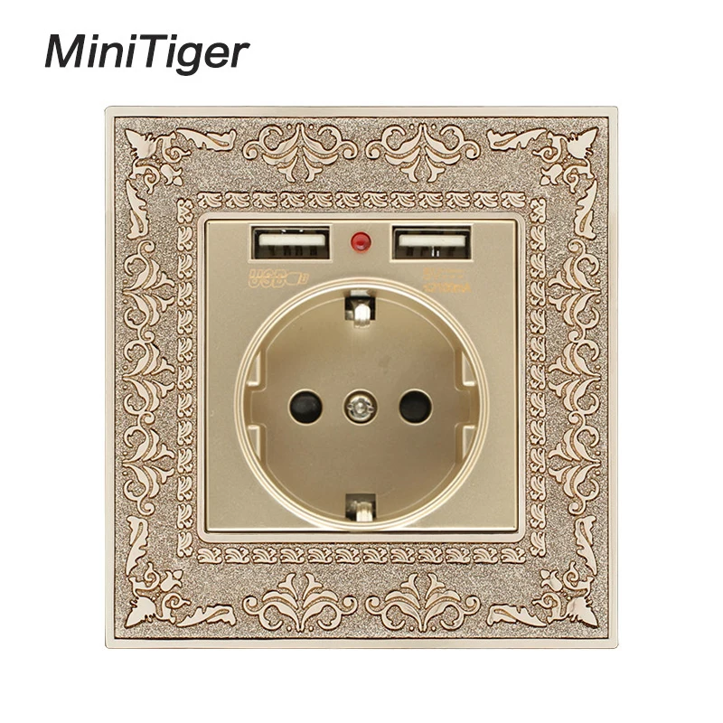 Minitiger Zinc Alloy High-end Retro Panel 16A Gold EU Standard Power Wall Socket With Dual USB 2.1A Charging Port Embossed Panel