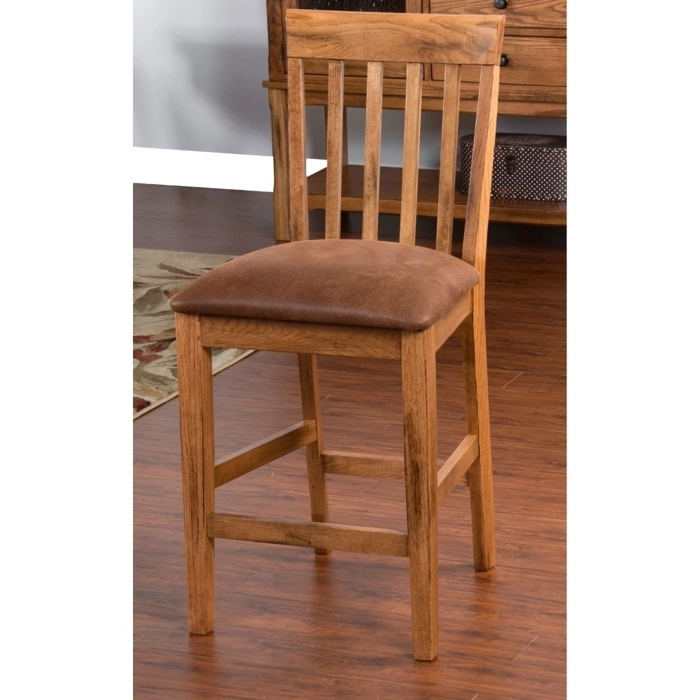 Oak Wood Slat back Barstool With cushion seat, Brown