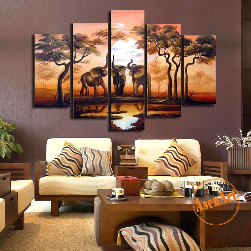 Handpainted 5pcs Set African Elephant canvas Painting Sunset Landscape Multi Panel Wall Art Home Canvas Poster | Дом и сад