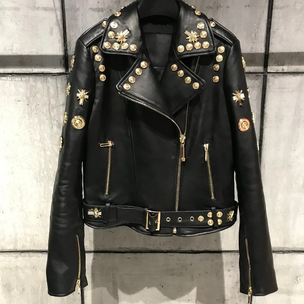 

European style women's rivets jackets coat 2019 spring real leather biker jackets High quality sheepskin coat G152