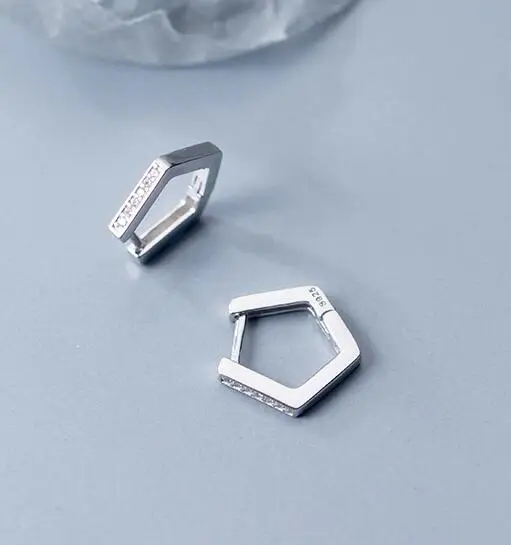 

1pair small Real. 925 Sterling Silver polished /crystals CZ Set pentagon Earrings hoop jewelry 13mm GTLE2754