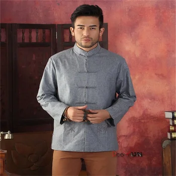 

Hot Sale Light Gray Men's Long sleeve Chinese style Cotton Linen Jacket Kung Fu Coat Solid Tang Suit Size S M L XL XXL XXXL