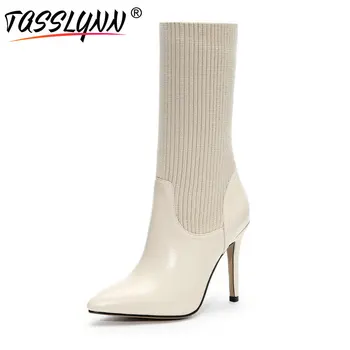 

TASSLYNN 2019 Women Boots Autumn Shoes Women Mid-calf Boots Thin High Heels Pointed Toe Leather Wool Beige Chelsea Boots Size 39