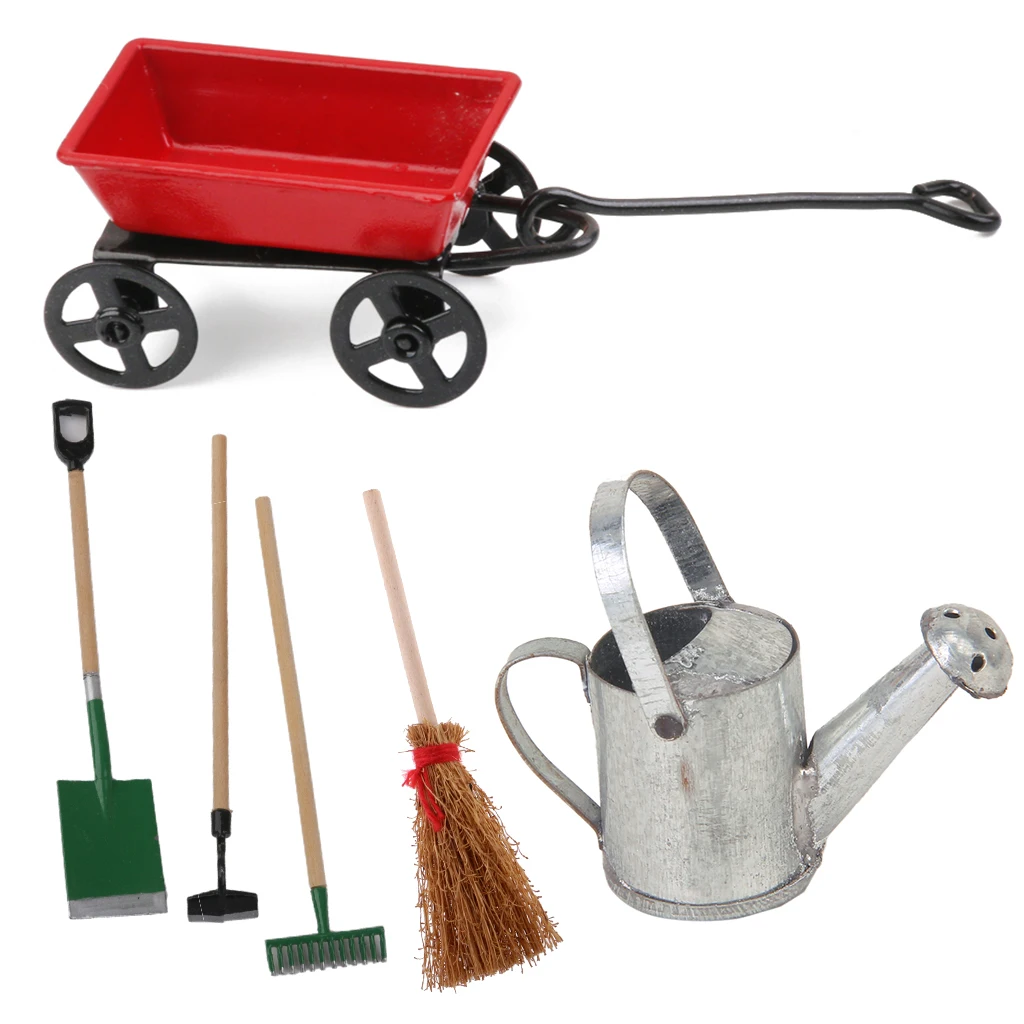 1/12 Dollhouse Miniature Red Metal Pulling Cart & Garden Tools Kids Garden DIY Accessories Tools Set