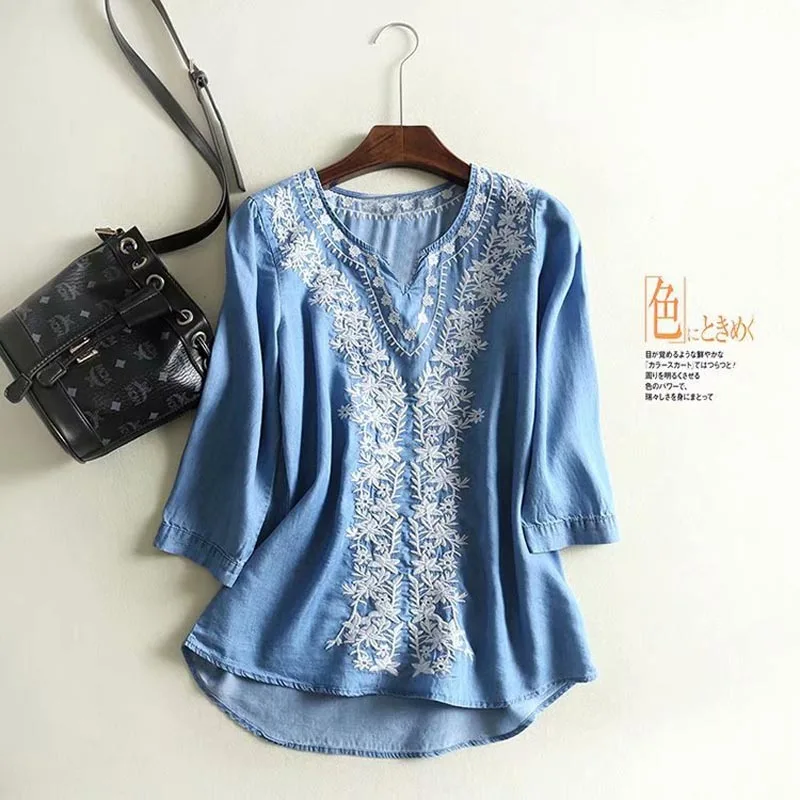 

L406 New Fashion O Neck Elegant Floral Embroidery Soft Jeans Shirts Ladies Pullovers Viscose Blouse Tops