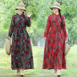 В этническом стиле Для женщин летние хлопково-льняные, с цветочным принтом и принтом халат Maxi Dress Vestidos Мори в стиле «Бохо» для маленьких