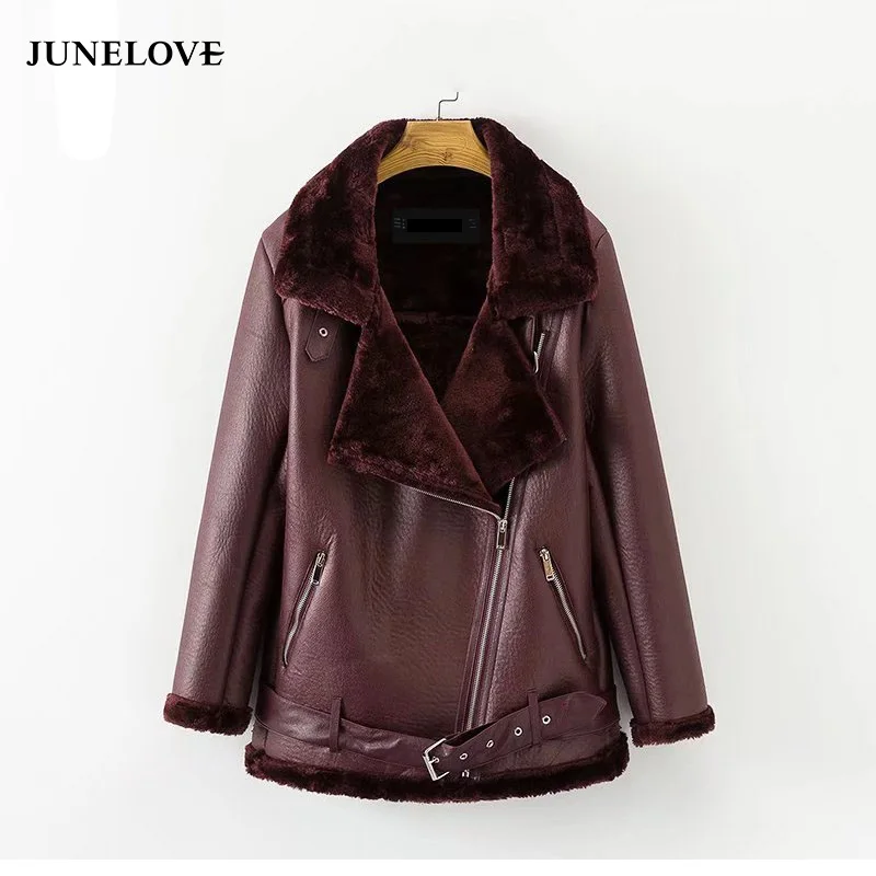 

JuneLove 2019 Autumn Winter Coat thickened Padded warm PU leather coats female turn down collar ladies coat