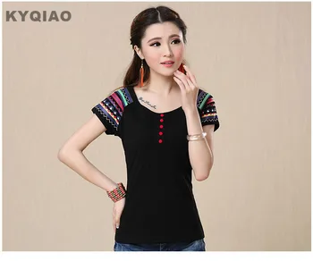

KYQIAO 2019 women summer ethnic o neck short sleeve geometrical patchwork button t-shirt festival tribal t shirt tee top