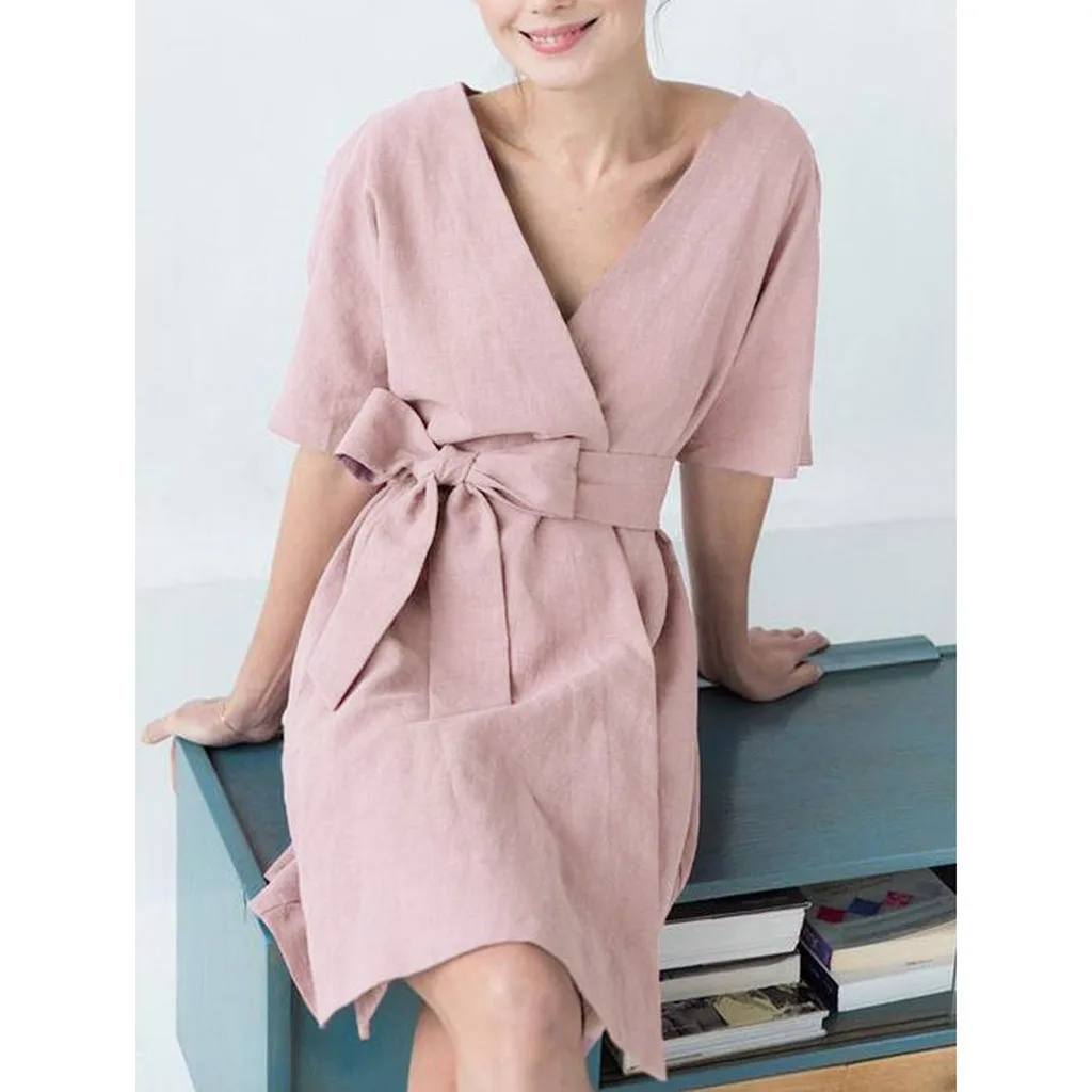 

JAYCOSIN Women's Dress 2019 TOP Women Summer Fashion Pockets V Neck Short Sleeve Dress 4.30