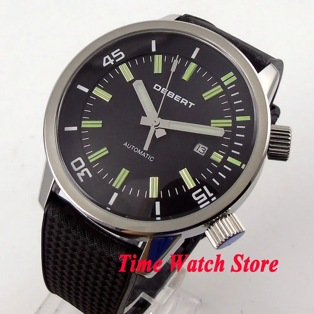 DEBERT 45mm Black dial date window luminous 2 crown 21 jewels MIYOTA