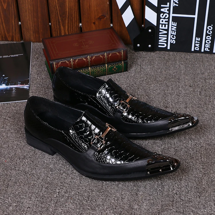 Черный змеиной металлической пряжкой Мужская острые носки оксфорды без шнуровки натуральная кожа smart Повседневные платья обувной моды sapatos masculino