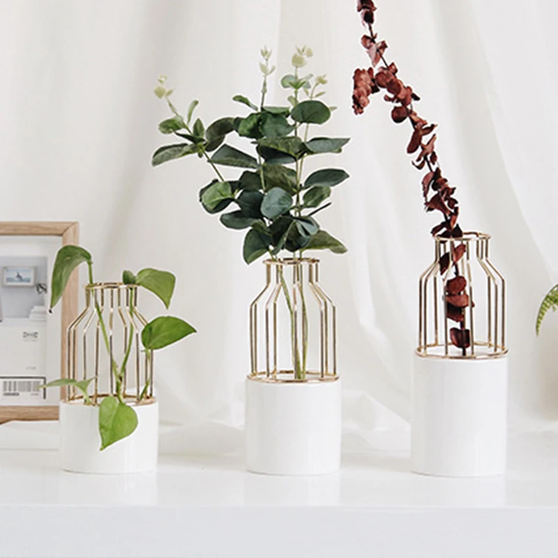 

Nordic Style Ceramic Iron Art Vase Simple Geometric Design Flower Vases Home Decoration For Plant Rose Flowerpot