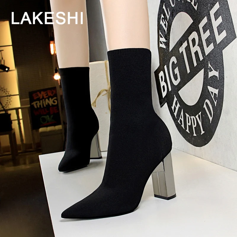 

LAKESHI Women Boots Winter High Boots New High Heels Shoes Women Sexy Ankle Boots Stretch Band Short Boots Women Winter Shoes