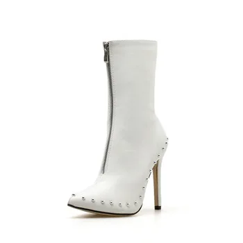 

European and American punk style ladies boots pointed rivets stiletto front zipper high heels short boots