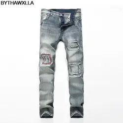 BYTHAWXLLA Новая мода Рваные джинсы Для мужчин с отверстиями джинсовые супер узкие известный Slim Fit Jean Брюки протертые байкерские джинсы Dropw2530