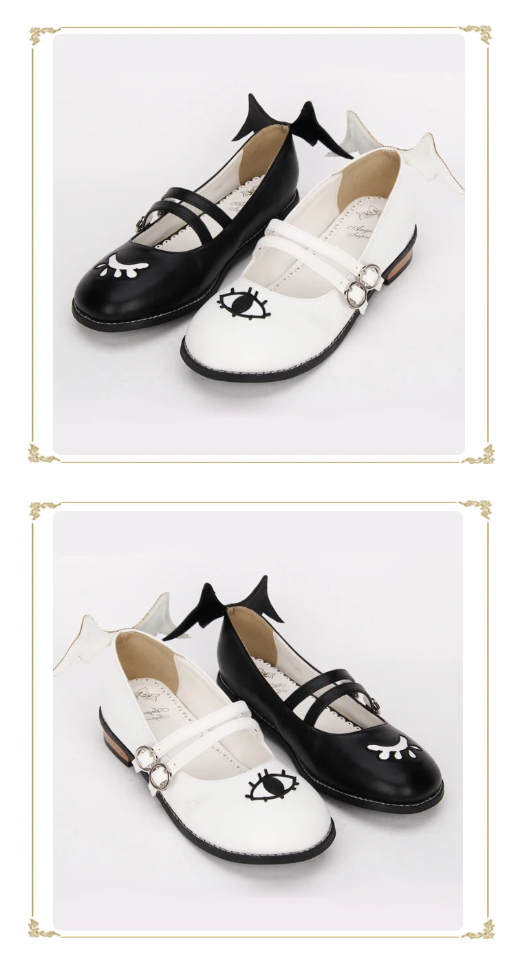 Черные и белые готические туфли «лолита» с принтом «глаза дьявола и ангела»; туфли Mary Jane на квадратном каблуке
