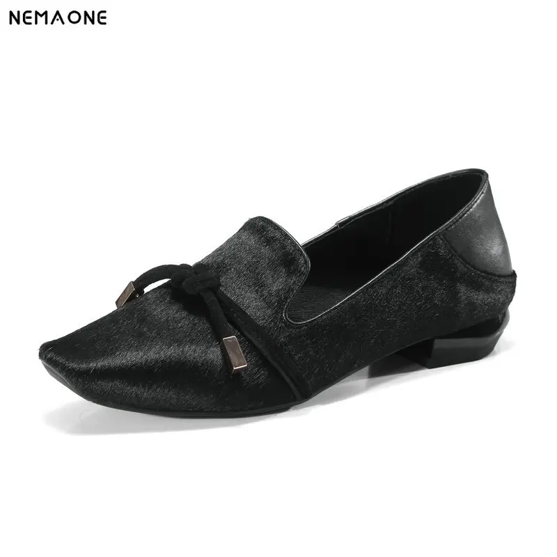 

NEMAONE 2019 Summer spring black apricot Women Pumps Low Heels Genuine Leather Shoes Wedding Shoes large size 42