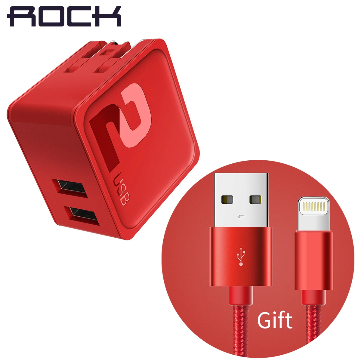 

Rock Mobile Phone Charger and USB Cable, Mobile Phone USB Charger Set, 2 Ports USB Charger and Metal Cable for iPhone X 8