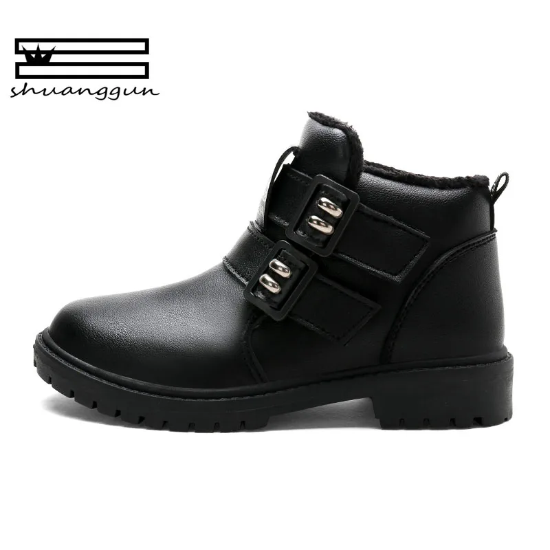 

SHUANGGUN 2018 Winter Kids Boots for Fashion Baby Martin Boots Plush Warm Boys Shoes Waterproof PU Leather Children Ankle Boots