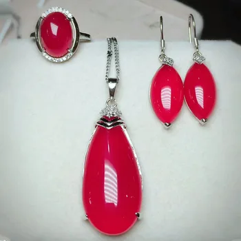 

Yu Xin Yuan Fine 925 Mosaic Natural Red Water Drop Chalcedony Pendant Ring Earrings Jewelry Suit