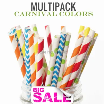 

125pcs Mixed Colors CARNIVAl COLORS Colorful Paper Straws, Red, Yellow and Orange Striped, Blue Chevron, Lime Green Dot