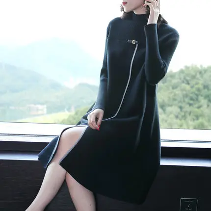 Новинка, женское весенне-осеннее платье-свитер, женский длинный свитер, зимние топы с круглым вырезом, яркие цвета, вязанное платье с разрезом, d046 - Цвет: black
