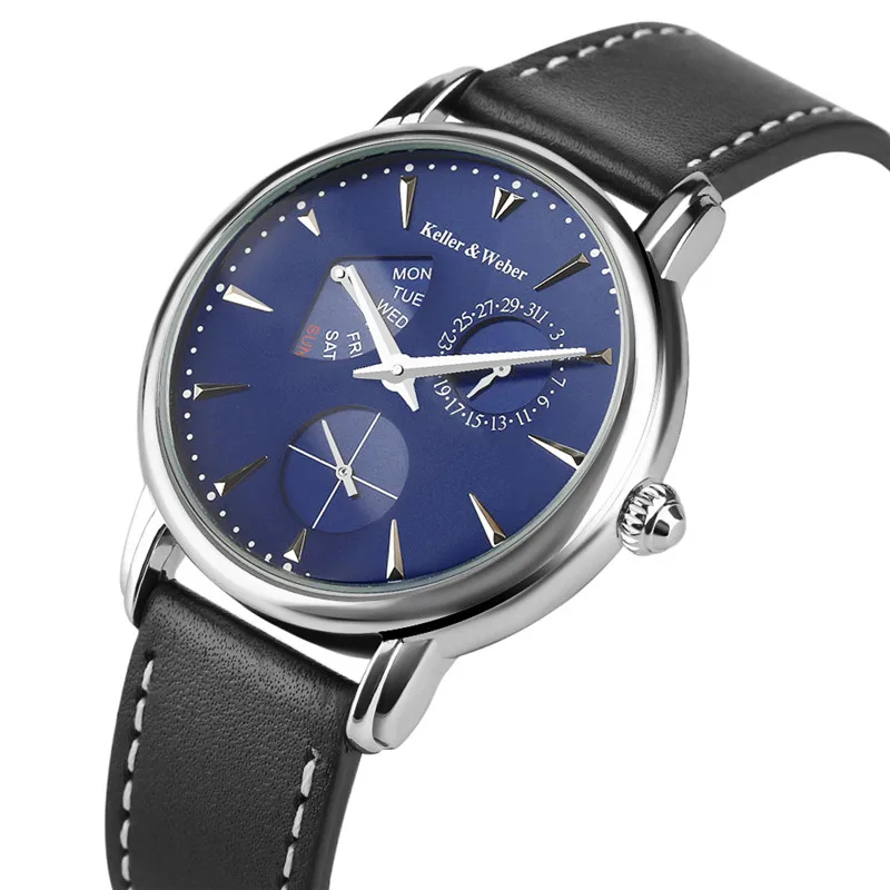 

Keller & Weber Luxury Wristwatch Mens Creative New Auto Date Japan Quartz Watch Business Fashion Waterproof Leather Clock Gift
