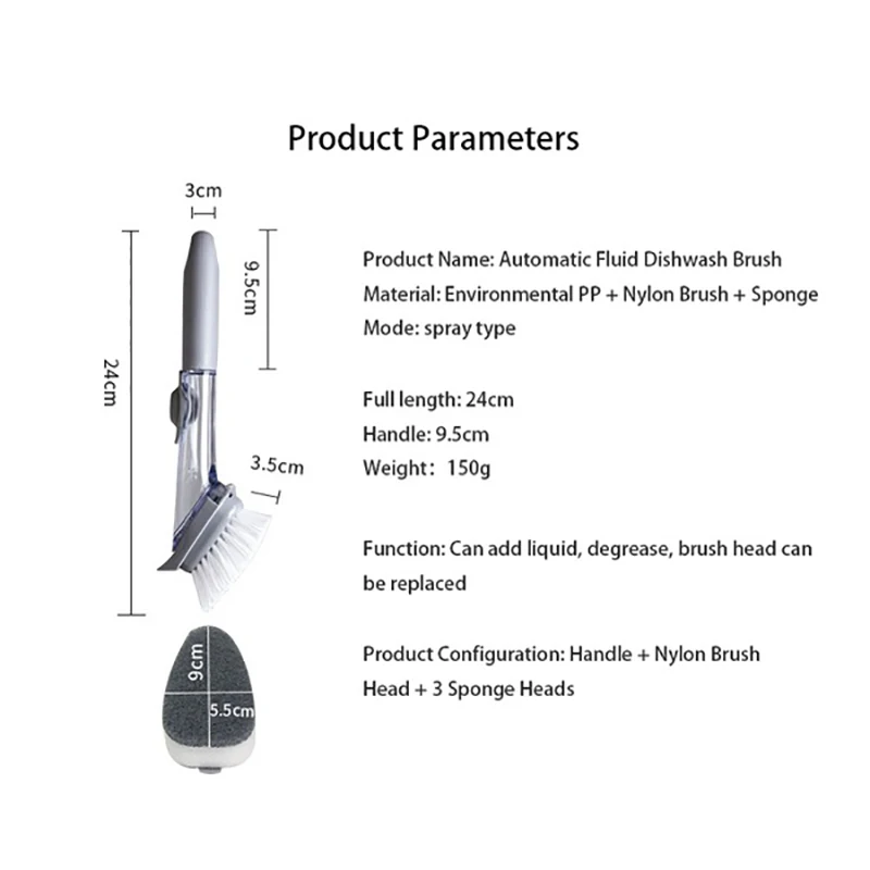 Съемные кухонные щетки с длинной ручкой, губка 2 в 1, автоматические жидкостные моющие щетки для посуды, 3 шт., чистящие кухонные губки, гаджеты