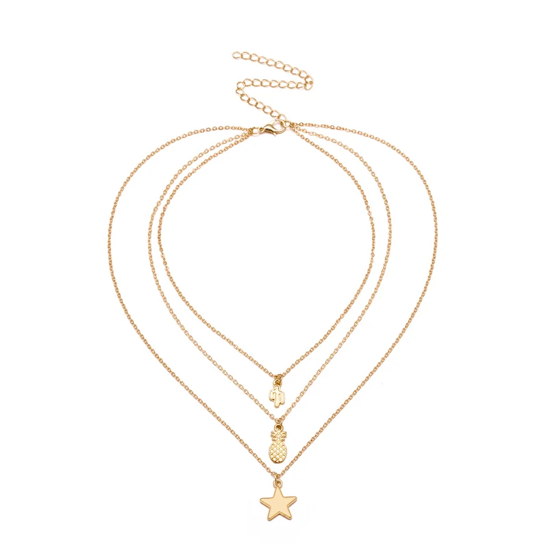 

New Exquisite Pentagram Pendant Multi-layer Necklace Clavicle Chain Alloy pineapple Clavicular Pendant Short Necklace