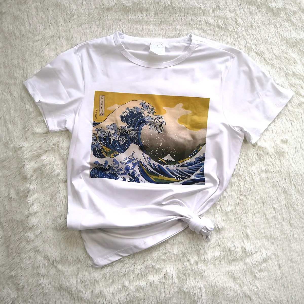 

Japanese Women T Shirt Funny O-neck Short Sleeve Tops White Casual Top Hokusai The Great Wave Print Basic Hipster T Shirt Women