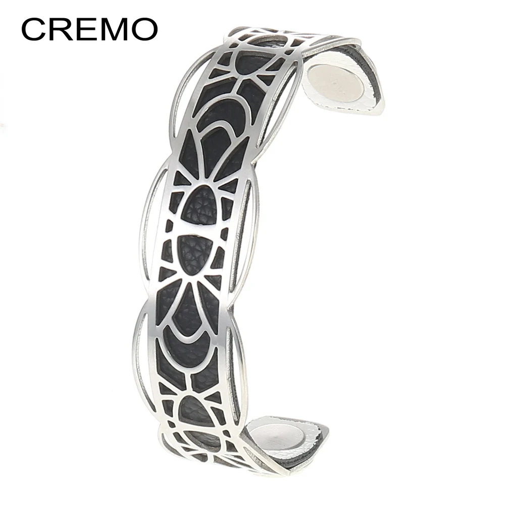 

Fashion Open Cuff Bangles/Bracelet Set For Women Bijoux Cremo Stainless Steel Jewelry Reversible Leather Bangles free shipping