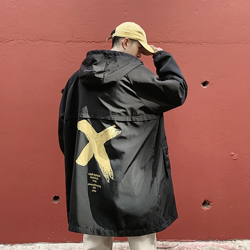 LAPPSTER Cross уличная куртка с капюшоном Тренч мужской хип хоп Длинные куртки пальто винтажный черный Тренч куртка панк ветровка - Цвет: Black
